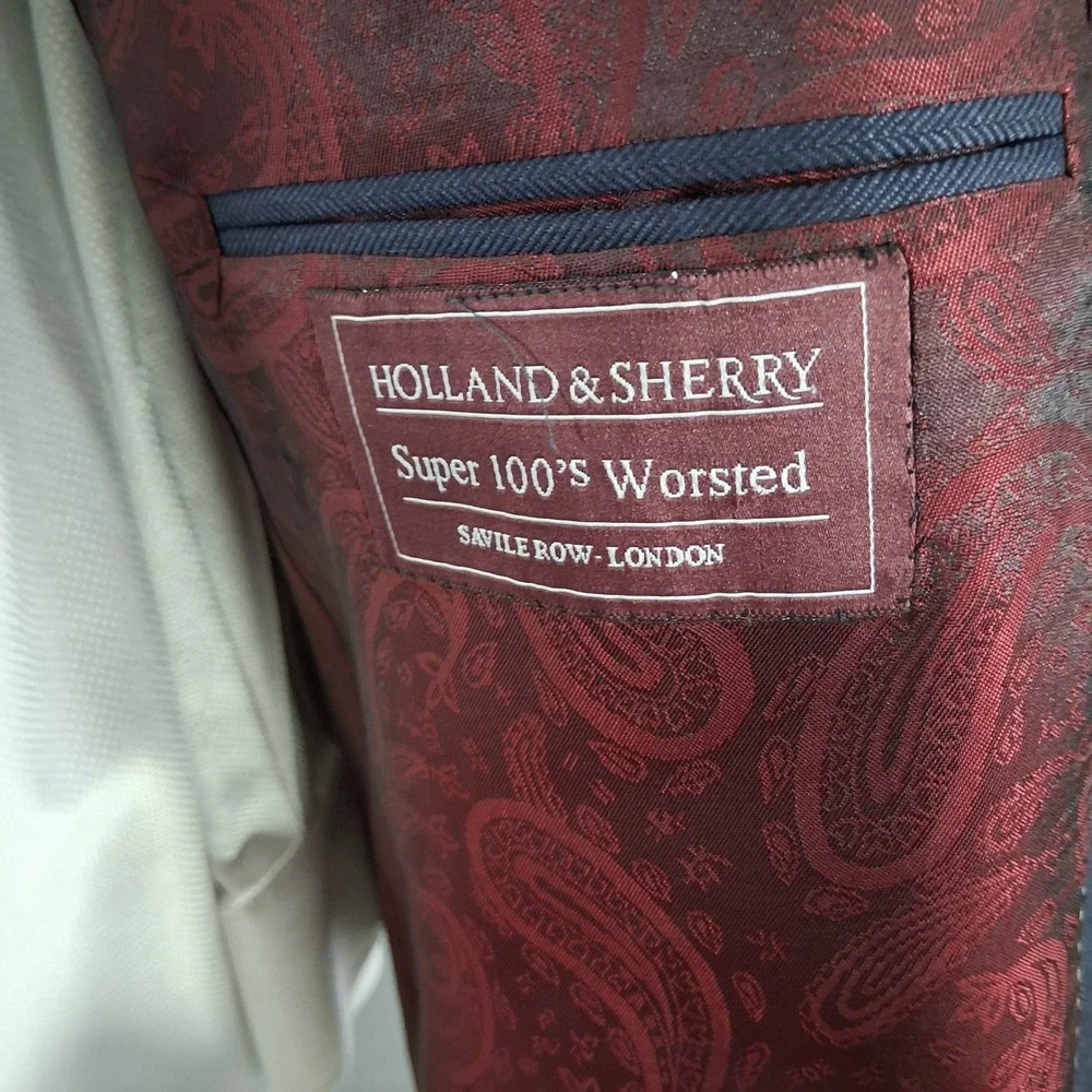 Holland & Sherry Custom Sport Coat 46R Relaxed Blue Herringbone  Super 100s Wool